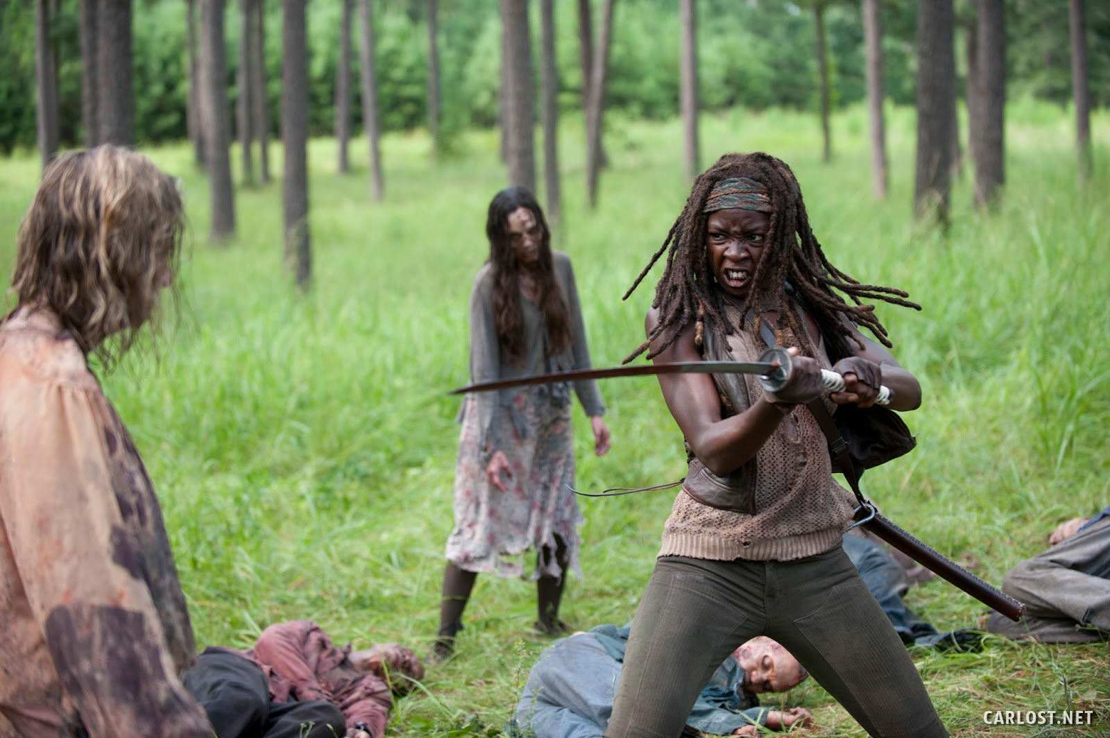 Michonne (Danai Gurira) matando algunos caminantes con su katana en The Walking Dead 4x09 After