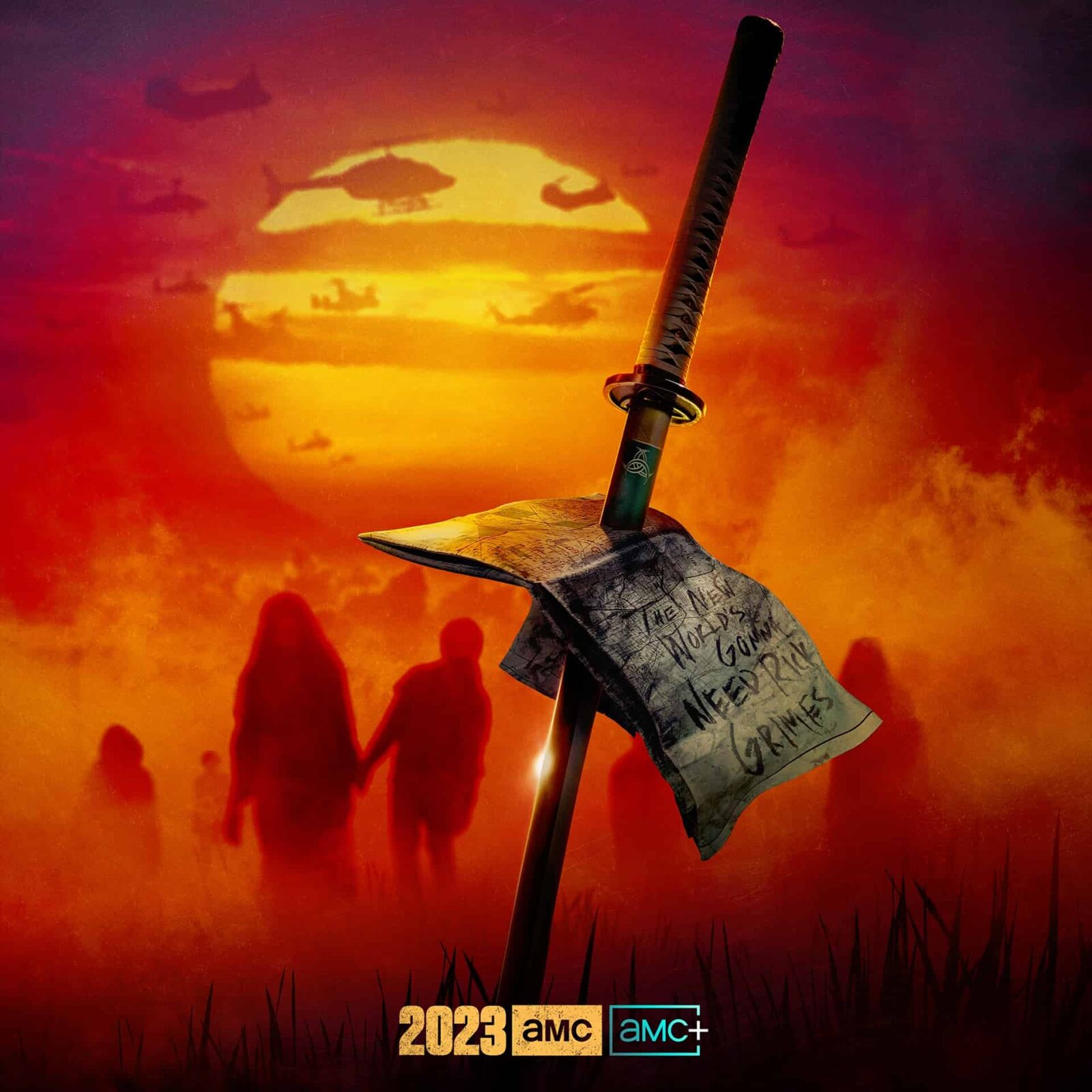 Afiche con la katana de Michonne atravesando el mapa que decía The new worlds gonna need Rick Grimes