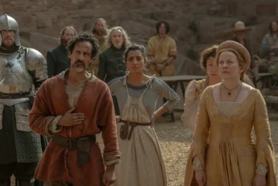 Aldeano junto a Kat y Lera rodeados de guardias en una plaza - House of the Dragon 3x04