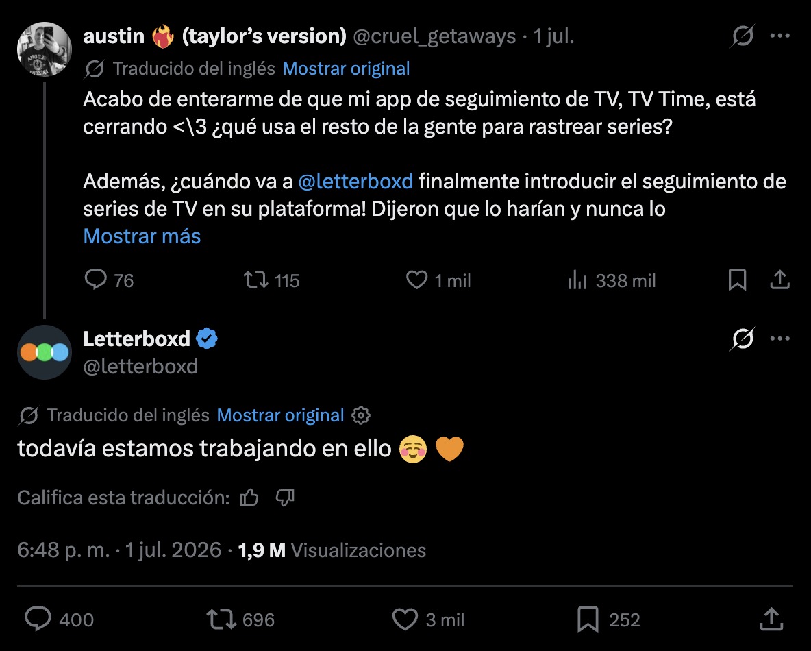Screenshot de la respuesta de Letterbox en X, confirmando que están trabajando en incluir series.