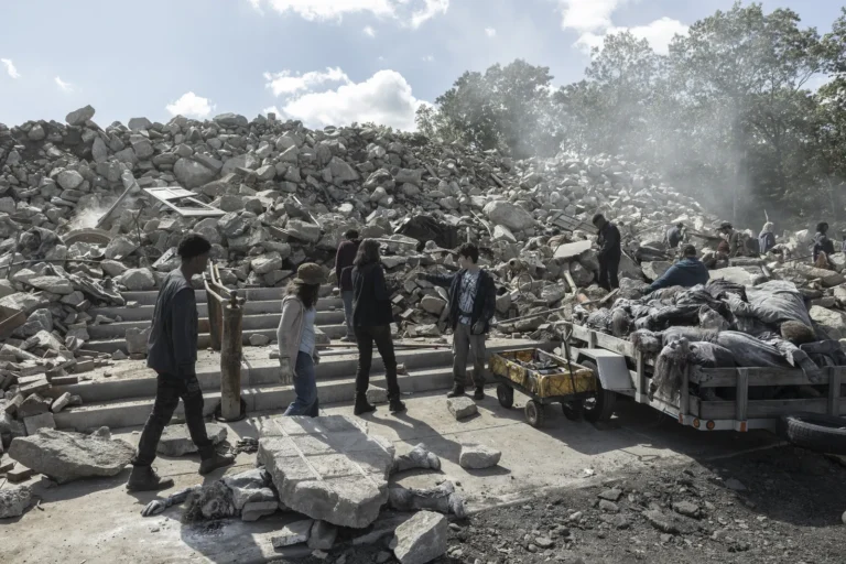 Maggie y Hershel junto a los escombros en The Walking Dead: Dead City S03E02