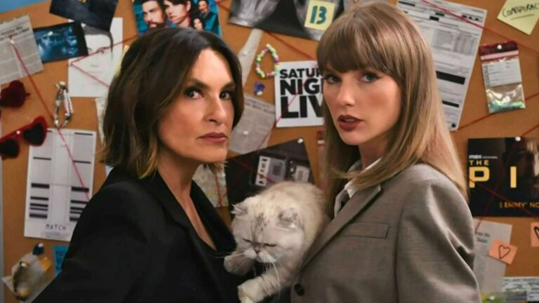 Taylor Swift y Mariska Hargitay con el gato Olivia Benson en el sketch de los Emmys 2026